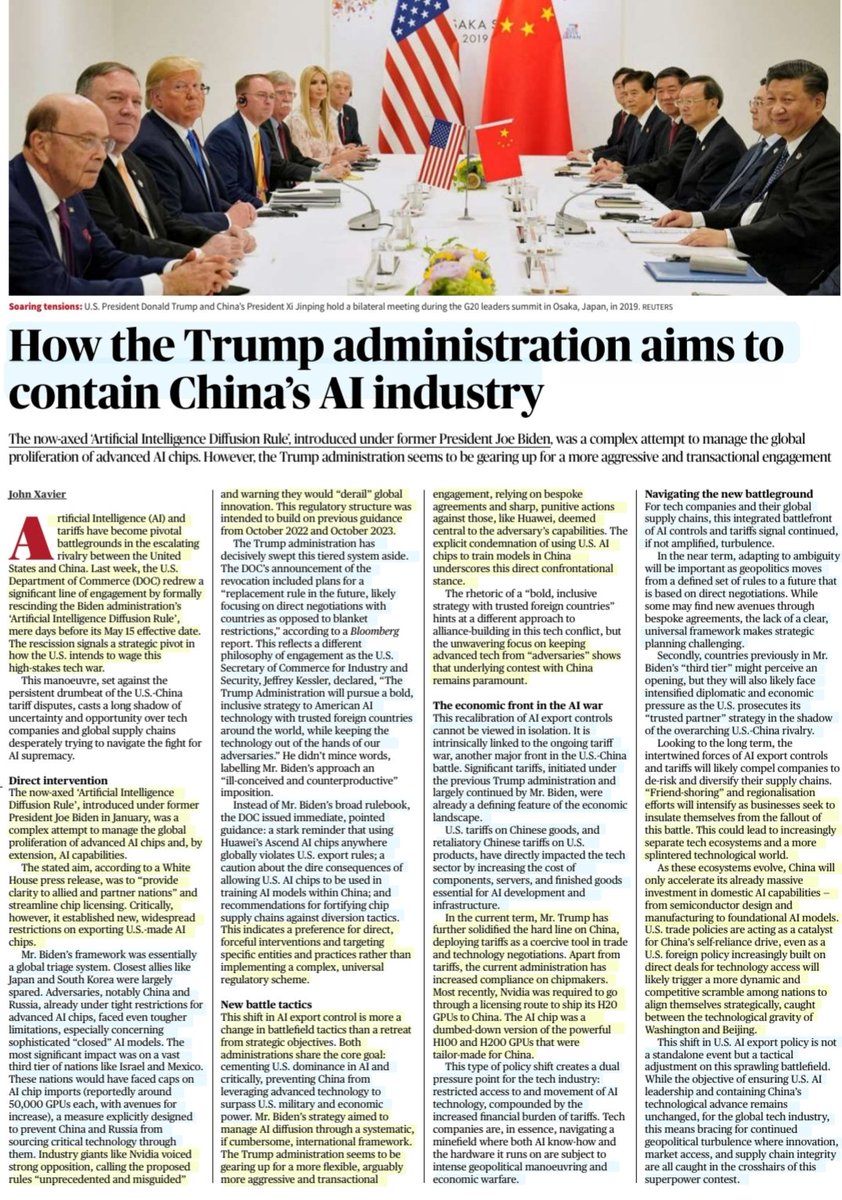 'How the Trump administration aims to contain China's AI industry'

'#ArtificialInteligence diffusion rule ✖️'

:An informative article by Mr John Xavier <a href="/johnXavier777/">John Xavier</a> 

#USA #China #TechWar #TradeWar #EconomicWarfare
#TrumpTariffs #DonaldTrump 
#JoeBiden 
#Geopolítica 

#UPSC