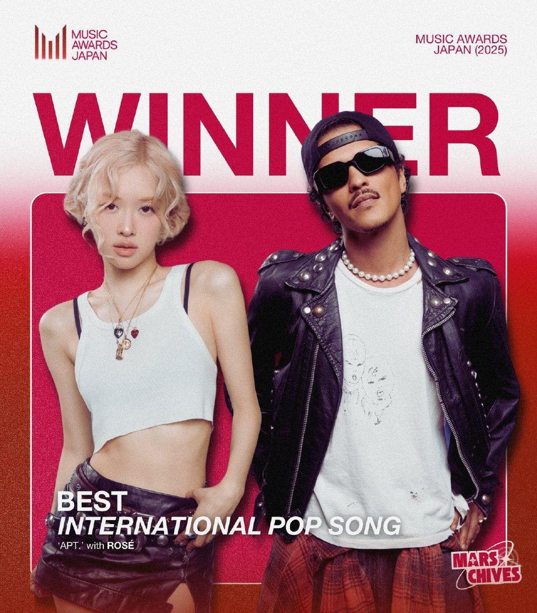 charts_rose's tweet photo. ROSÉ &amp; Bruno Mars “APT.” has won “Best International Pop Song” at Music Awards Japan 2025. https://t.co/NNLGVlNKBL