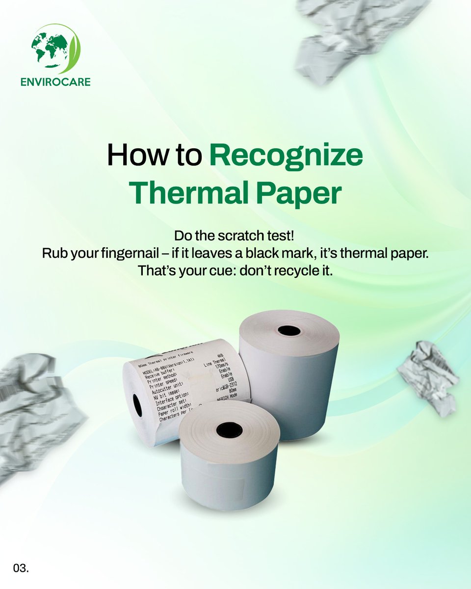 envirocare4you's tweet photo. 🧾 Think all paper is recyclable? Think again.
Thermal receipts = toxic &amp; non-recyclable ❌

✅ Go digital
🛒 Choose eco-friendly stores
♻️ Small slips, big impact

#DidYouKnow #SustainableFuture #zerowaste #EcoFriendly #GreenTips #RecycleRight  #ClimateAction https://t.co/kNEkXMYKbF
