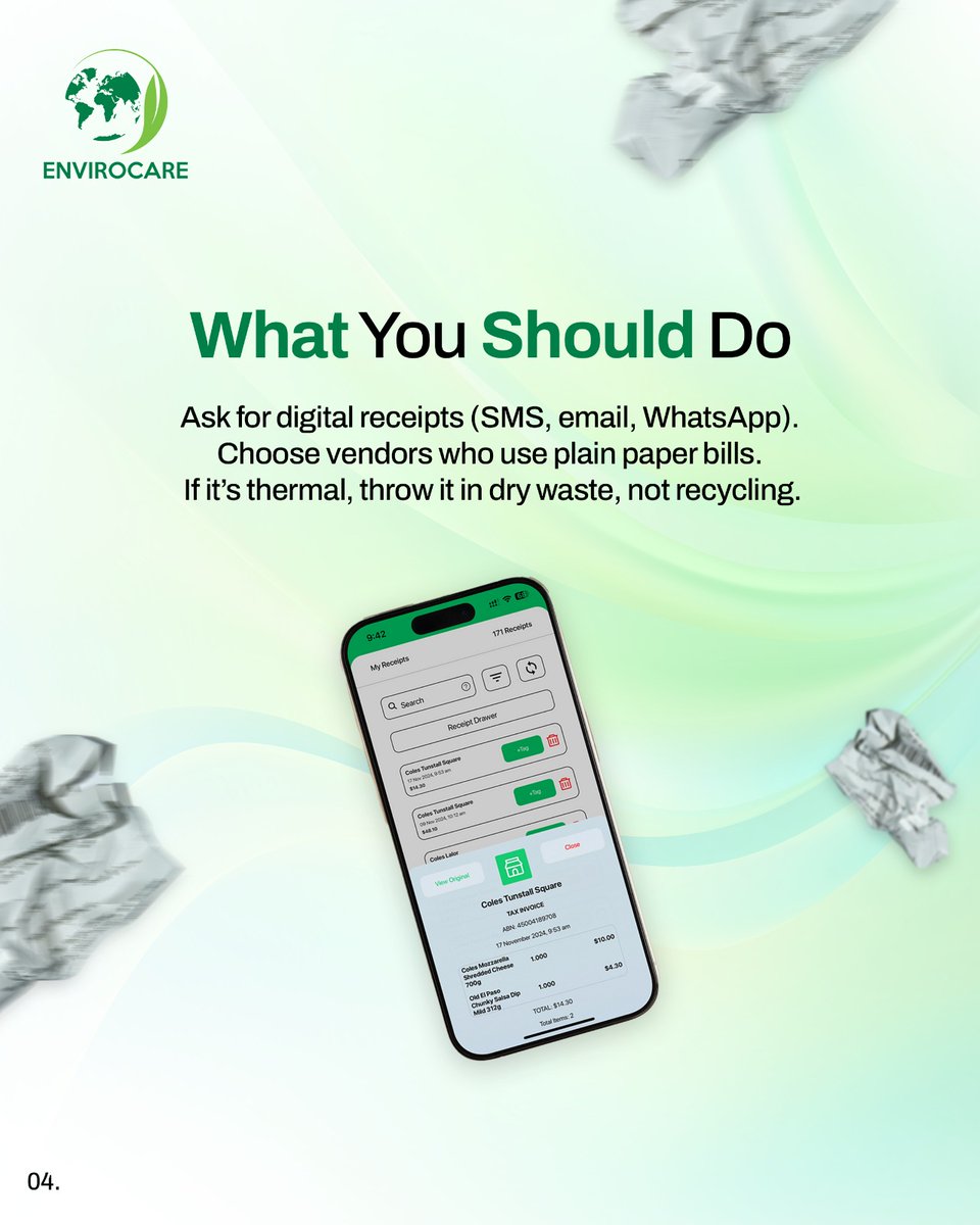 envirocare4you's tweet photo. 🧾 Think all paper is recyclable? Think again.
Thermal receipts = toxic &amp; non-recyclable ❌

✅ Go digital
🛒 Choose eco-friendly stores
♻️ Small slips, big impact

#DidYouKnow #SustainableFuture #zerowaste #EcoFriendly #GreenTips #RecycleRight  #ClimateAction https://t.co/kNEkXMYKbF
