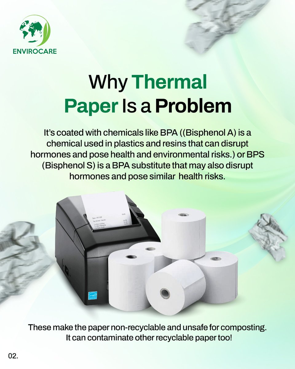 envirocare4you's tweet photo. 🧾 Think all paper is recyclable? Think again.
Thermal receipts = toxic &amp; non-recyclable ❌

✅ Go digital
🛒 Choose eco-friendly stores
♻️ Small slips, big impact

#DidYouKnow #SustainableFuture #zerowaste #EcoFriendly #GreenTips #RecycleRight  #ClimateAction https://t.co/kNEkXMYKbF
