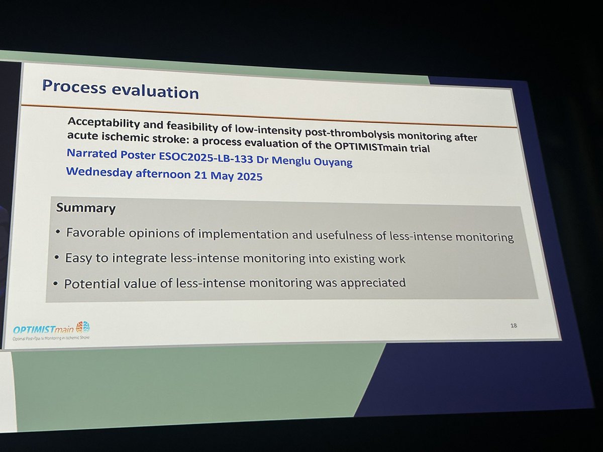 #ESOC2025
✅ OPTIMISTmain: low vs higher intensity controls after IVT in NIHSS &lt;10

👉🏻 non inferior in safety and efficacy 
👉🏻cost savings 💲