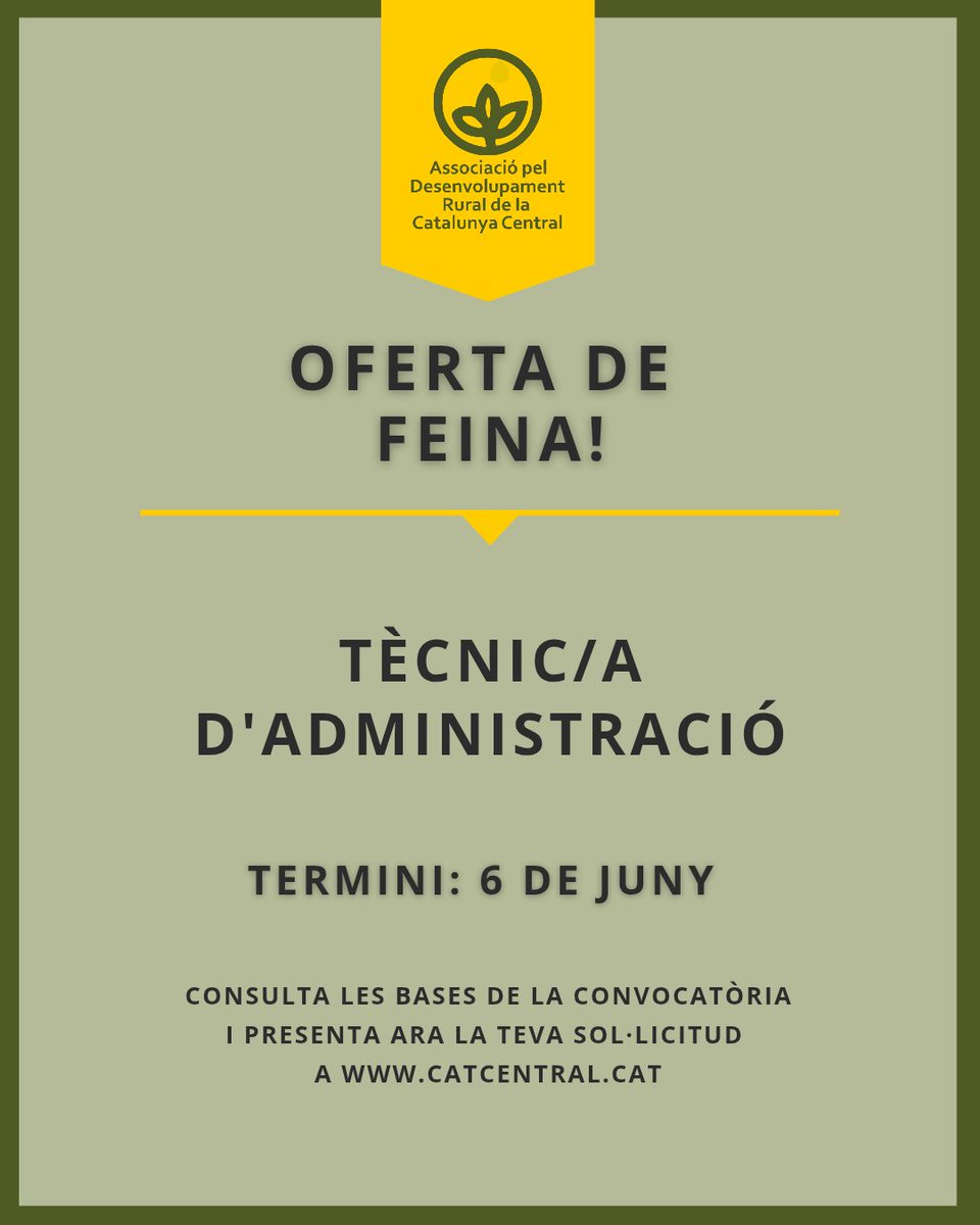 Assoc Des. Rural CC (@adrcatcentral) on Twitter photo 📢 OFERTA DE FEINA <a href="/ADRCatCentral/">Assoc Des. Rural CC</a> 📢
👉 Tècnic/a responsable d'administració.
Termini de presentació de sol·licituds: 6 de maig ⌛️
ℹ️ Més informació ⬇️
catcentral.cat/transparencia/…
#Feina #Treball #Oferta #Administració 📢 OFERTA DE FEINA <a href="/ADRCatCentral/">Assoc Des. Rural CC</a> 📢
👉 Tècnic/a responsable d'administració.
Termini de presentació de sol·licituds: 6 de maig ⌛️
ℹ️ Més informació ⬇️
catcentral.cat/transparencia/…
#Feina #Treball #Oferta #Administració