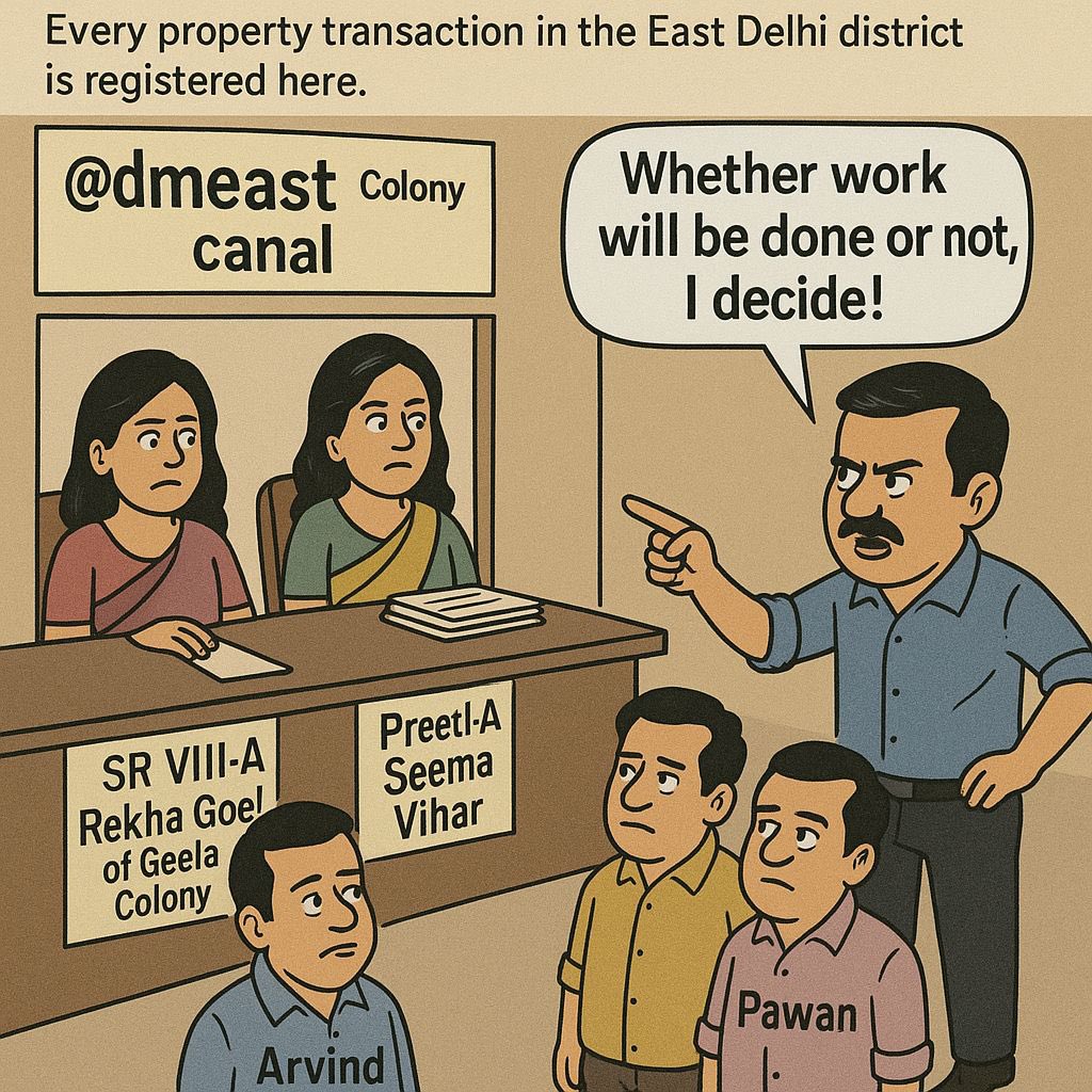 गीता कॉलोनी पुस्ते के साथ एक दफ्तर है, जिसे <a href="/dmeastdelhi/">DM/District Election Officer, East Delhi</a> के नाम से जाना जाता है।

यहां पूर्वी दिल्ली जिले में होने वाली हर संपत्ति की खरीद-फरोख्त पंजीकृत की जाती है। 

चर्चा है कि यहां बैठने वाले दोनों #SR कहने को तो सरकारी अधिकारी हैं, लेकिन इनकी डोर प्राइवेट लोगों के हाथ में है