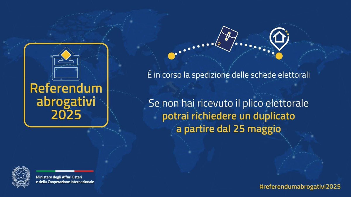 🗳️ #Referendumabrogativi2025
📨 È in corso la spedizione delle schede elettorali! Se non hai ricevuto il plico elettorale potrai richiedere un duplicato a partire dal 25 maggio all’Ambasciata.

Leggi tutte le info👇
esteri.it/it/sala_stampa…