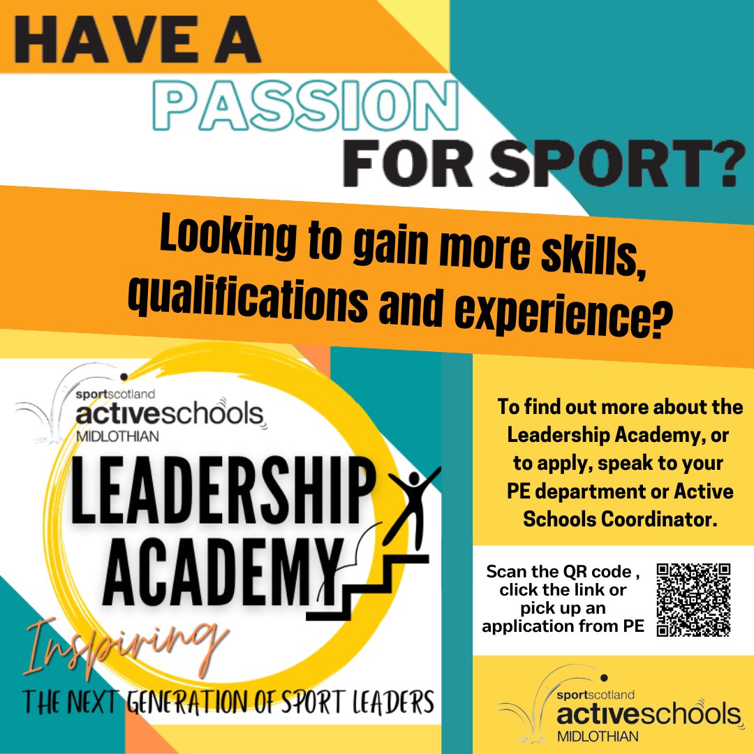 Active Midlothian (@active_mid) on Twitter photo LEADERSHIP ACADEMY
Interested in a career in sport? Looking to upskill and gain more experience ahead of leaving school? Apply for the leadership academy or get more info!
activeschools@midlothian.gov.uk or apply:
forms.gle/WjdzYMfFsoYvYm… LEADERSHIP ACADEMY
Interested in a career in sport? Looking to upskill and gain more experience ahead of leaving school? Apply for the leadership academy or get more info!
activeschools@midlothian.gov.uk or apply:
forms.gle/WjdzYMfFsoYvYm…