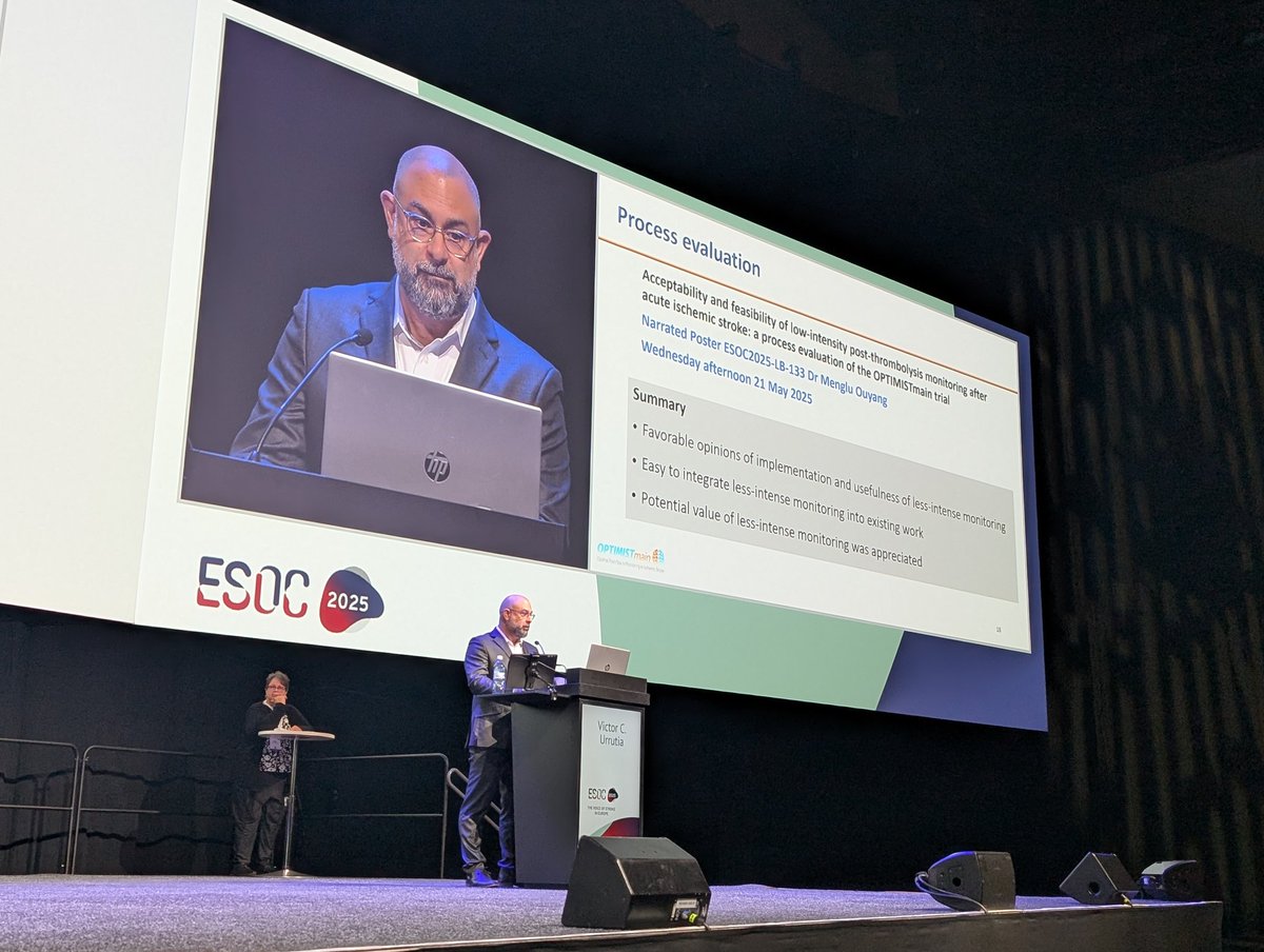 Presenting OPTIMISTmain results at #esoc2025, Victor Urrutia reports 'weak-level evidence' suggesting low-intensity monitoring is non-inferior to standard monitoring after tPA treatment in ischaemic stroke, as per the trial's primary endpoint of mRS 2-6
<a href="/ESOstroke/">European Stroke Org</a>