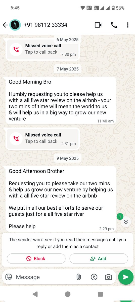 click2akash's tweet photo. @Airbnb_in @AirbnbHelp confirmation number HMS59W2ZMW. Do you guys support forced 5 star reviews? Well, I suppose you do. I recently booked a stay and the host forced me to put a positive review. When I ignored, he started calling in WhatsApp, phone and I had to block him. https://t.co/cPe1gifrZZ