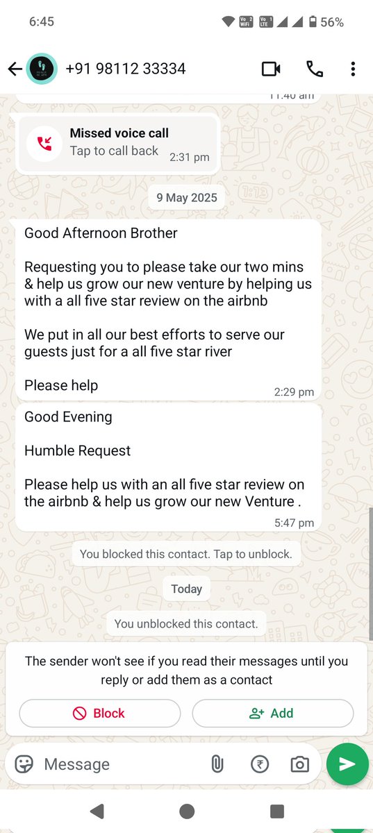 click2akash's tweet photo. @Airbnb_in @AirbnbHelp confirmation number HMS59W2ZMW. Do you guys support forced 5 star reviews? Well, I suppose you do. I recently booked a stay and the host forced me to put a positive review. When I ignored, he started calling in WhatsApp, phone and I had to block him. https://t.co/cPe1gifrZZ