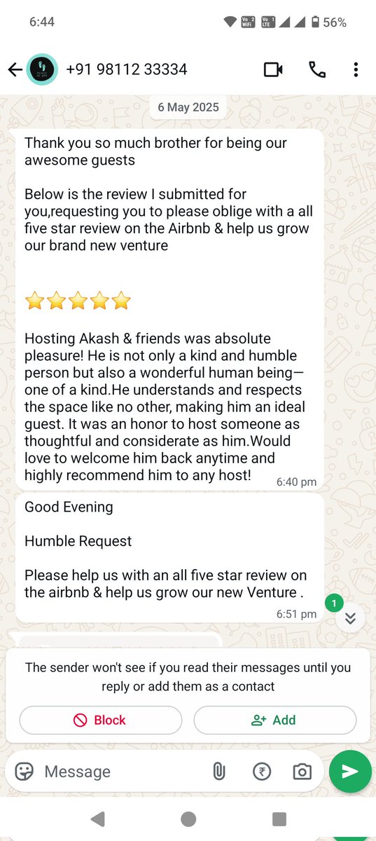click2akash's tweet photo. @Airbnb_in @AirbnbHelp confirmation number HMS59W2ZMW. Do you guys support forced 5 star reviews? Well, I suppose you do. I recently booked a stay and the host forced me to put a positive review. When I ignored, he started calling in WhatsApp, phone and I had to block him. https://t.co/cPe1gifrZZ