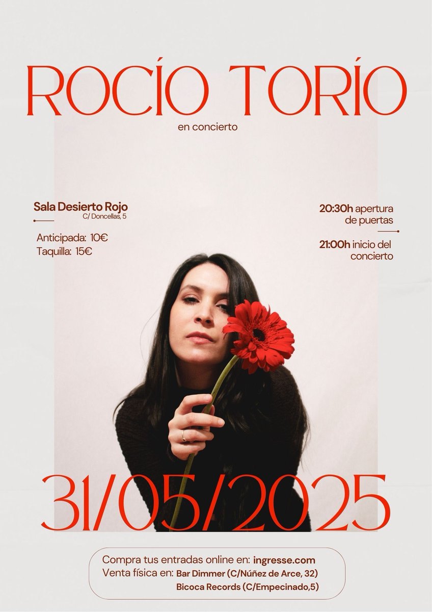 🌹 ¡PLANAZO EN VALLADOLID! 🌹 
El sábado 31 de mayo podréis escuchar en vivo a nuestra querida <a href="/RocioTorio/">Rocío Torío</a> en la Sala Desierto Rojo.

🕘 21h.
📍 Sala Desierto Rojo, Valladolid.
🎟️ buff.ly/8tCBfgy 

¡Qué ganas de escucharla en directo!