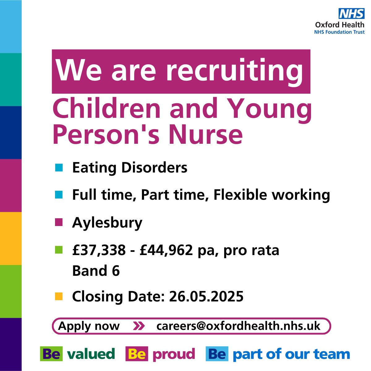 We’re looking for motivated, qualified Nurses to join our CAMHS Eating Disorder Service!
 
💻 loom.ly/x833q4Y
📆 Closing date: 26.05.2025
📍 Buckinghamshire
 
#OneOHFT #CAMHS #MentalHealthNurse #NHSJobs #JoinOurTeam