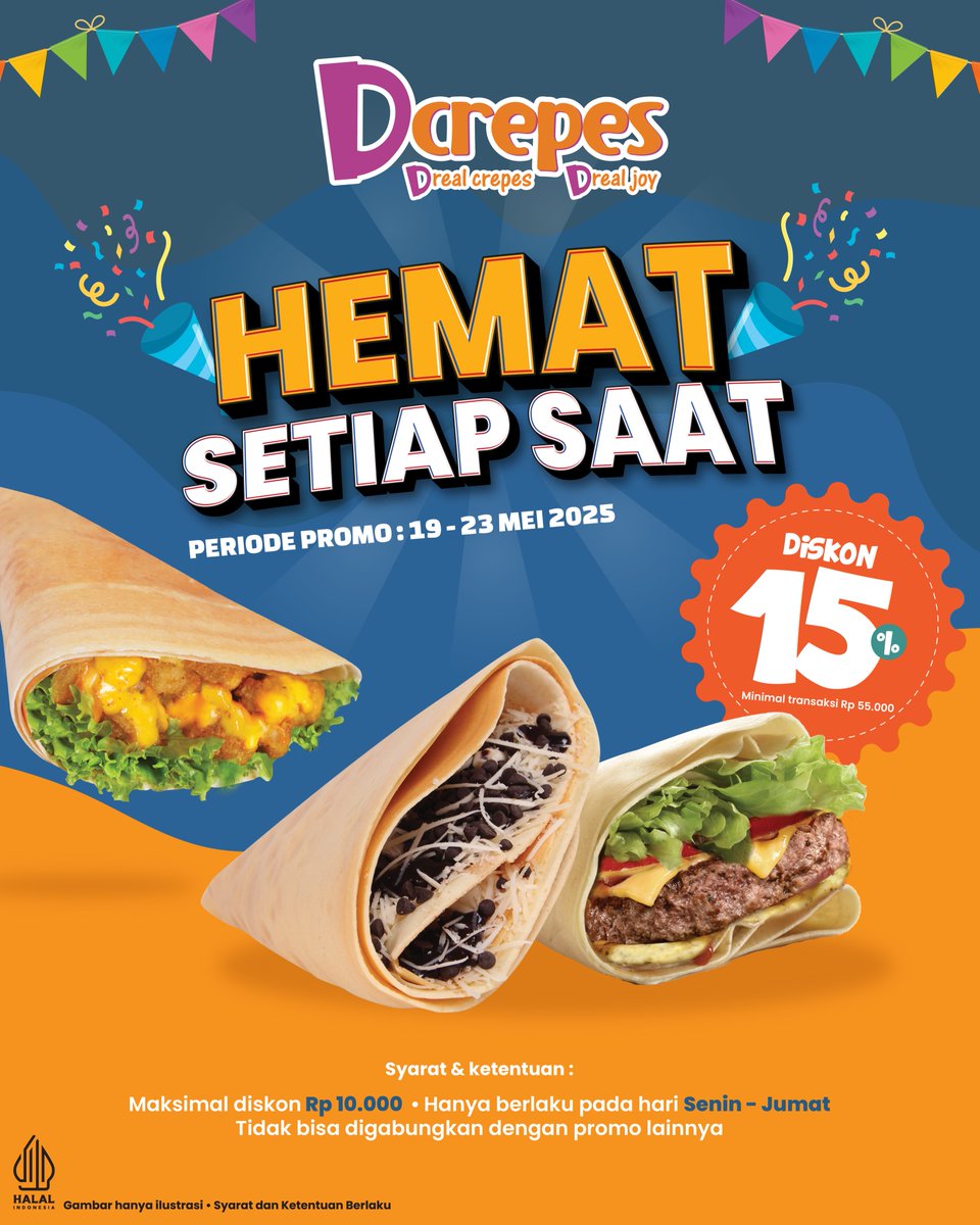 PlazaSenayan's tweet photo. Dcrepes lagi ada DISKON 15% dengan minimum pembelian Rp 55.000 untuk menu-menu yang kamu suka! Promo ini berlaku sampai tanggal 23 Mei 2025.
Syarat & Ketentuan berlaku.
Dcrepes Plaza Senayan, Food Court, Level 3.
#WhatsOnPlazaSenayan #PlazaSenayan #Dcrepes https://t.co/s1la0aDeOD