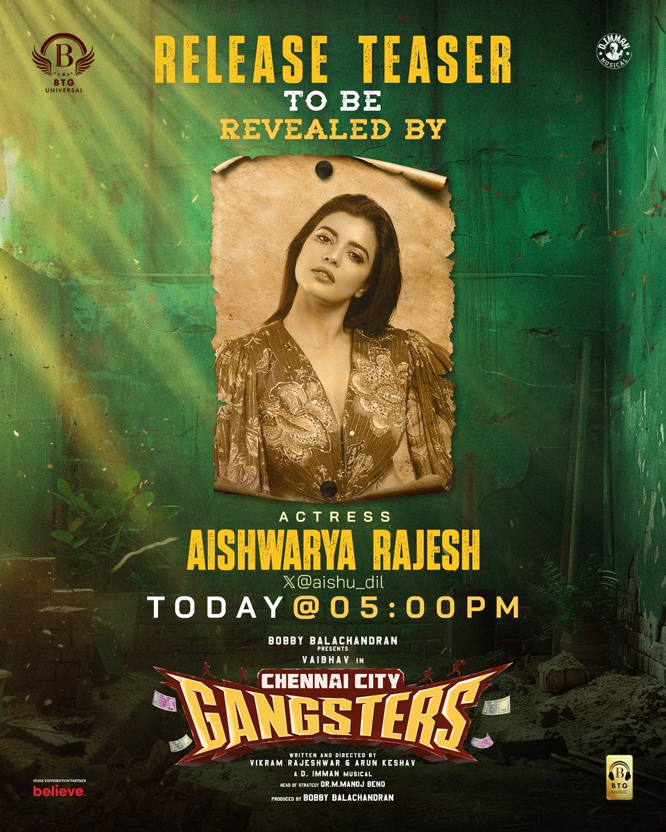 BTG Universal (@btguniversal) on Twitter photo The powerful performer <a href="/aishu_dil/">aishwarya rajesh</a> to launch the release teaser of #ChennaiCityGangsters today at 5PM!
Catch the film in theatres on 20th June!
An <a href="/immancomposer/">D.IMMAN</a> musical!
<a href="/BTGUniversal/">BTG Universal</a> <a href="/bbobby/">bbobby</a> <a href="/ManojBeno/">Manoj Beno</a> <a href="/actor_vaibhav/">Vaibhav</a> <a href="/AthulyaOfficial/">Athulyaa Ravi</a> <a href="/Mani_Rajeshh/">Manikanta Rajesh</a> #VikramRajeshwar #ArunKeshav The powerful performer <a href="/aishu_dil/">aishwarya rajesh</a> to launch the release teaser of #ChennaiCityGangsters today at 5PM!
Catch the film in theatres on 20th June!
An <a href="/immancomposer/">D.IMMAN</a> musical!
<a href="/BTGUniversal/">BTG Universal</a> <a href="/bbobby/">bbobby</a> <a href="/ManojBeno/">Manoj Beno</a> <a href="/actor_vaibhav/">Vaibhav</a> <a href="/AthulyaOfficial/">Athulyaa Ravi</a> <a href="/Mani_Rajeshh/">Manikanta Rajesh</a> #VikramRajeshwar #ArunKeshav