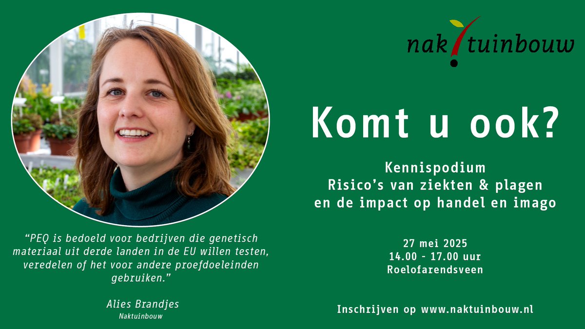 Alies Brandjes (Naktuinbouw) is een van de sprekers op ons kennispodium op 27 mei. Het onderwerp ‘Risico's van ziekten &amp; plagen en de impact op handel en imago' staat centraal. Komt u ook? obi41.nl/2jsfrfnv
