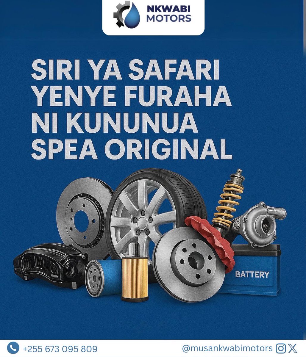 MusaNkwabiJr's tweet photo. Safari bila stress? Siri ni spea original kutoka Nkwabi Motors!
Hakuna drama barabarani ukitumia tairi, brake, na battery zetu original.
Kanyaga twende na Nkwabi Motors – sehemu pekee ya uhakika!

Piga simu: +255 673 095 809
Tufollow: @musankwabimotors https://t.co/cfoJqz7Lh8