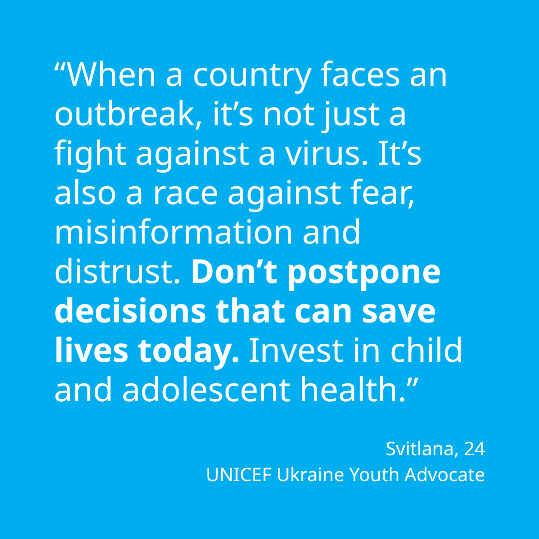 UNICEF's tweet photo. “Invest in child and adolescent health. Fund vaccination programmes that reach every child - not just the ones that are easy to reach.”

At #WHA78, Svitlana, a UNICEF Ukraine Youth Advocate, called for action from decision makers. We must work to build trust in vaccines. https://t.co/QoWhpLT9Gr