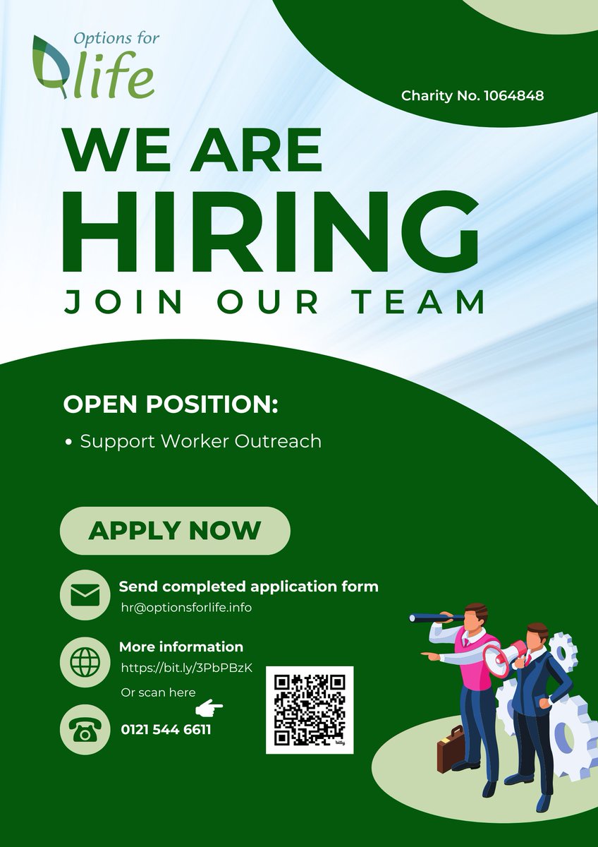 We're looking for passionate and motivated individuals to join our friendly and experienced team in Sandwell (B68 - Outreach) at Options for Life! 
For more information and to apply, visit:
bit.ly/3PbPBzK
#jobopportunities #jobsearch #supportworker