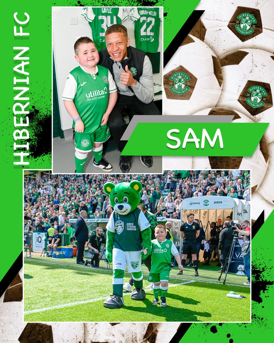 HanlonStevenson's tweet photo. After hearing his story on the TV we contacted Sam’s parents and invited him to be our Hanlon Stevenson Foundation Mascot at Saturday’s match against Rangers Here are some photos of Sam with our own Mascot Persy 💚💚 https://t.co/d30qczZOKz