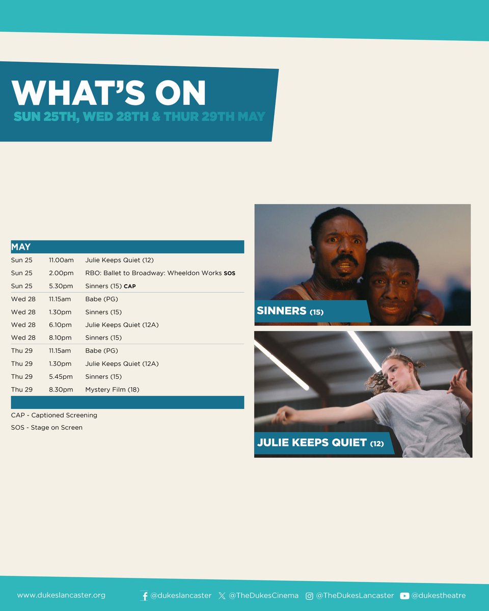 🎥What's on at the Dukes Cinema this week 🍿

🎥 Julie Keeps Quiet (12) 
🎥 RBO: Ballet to Broadway: Wheeldon Works
🎥 Sinners (15)
🎥 Babe (PG)
🎥 Mystery Film (18)

🎟️ loom.ly/d648AgA
