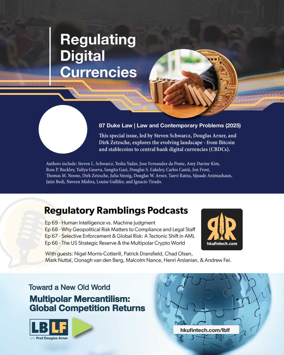 In our latest HKU FinTech Update:

🔹Meet the author of FinTech: Finance, Technology &amp; Regulation
🔹Special journal issue on crypto to CBDCs
🔹Podcast on Human Intel vs Machine judgment
🔹Multipolar Mercantilism: Global competition returns👉 hkufintech.com/news