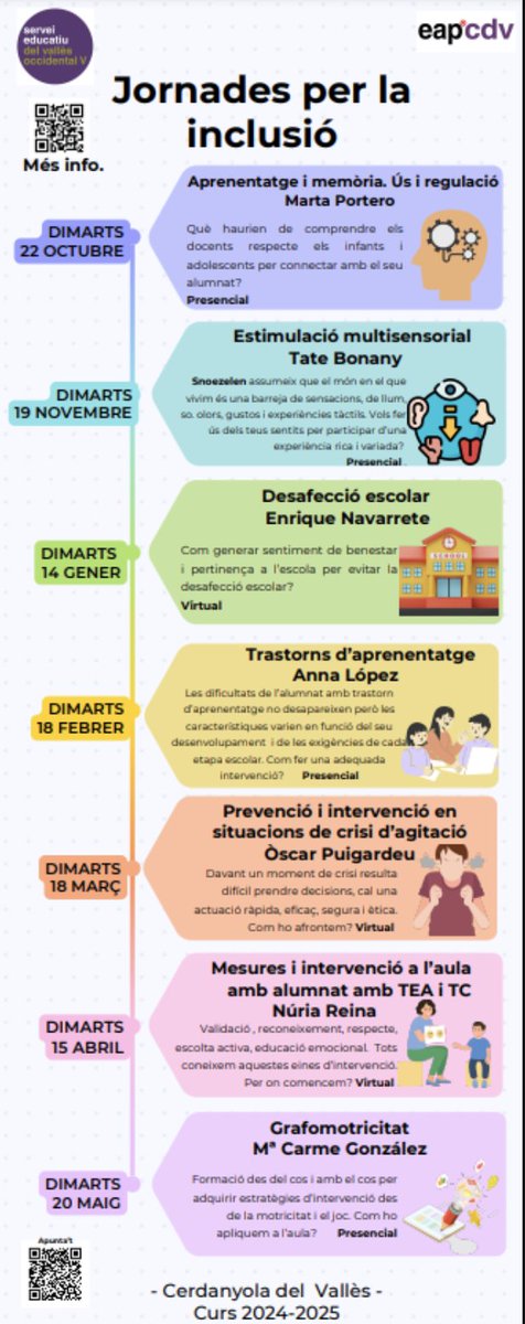 Ahir va tenir lloc l'última sessió del "Cicle de Conferències per a la Inclusió" que s'ha dut a terme aquest curs des de l'EAP de Cerdanyola.
La valoració ha estat molt positiva. Gràcies a tothom que ha fet possible aquesta activitat. <a href="/educaciocat/">Educació</a> <a href="/educaciovoc/">Serveis Territorials Vallès Occidental</a> <a href="/Cerdanyola/">Cerdanyola</a>