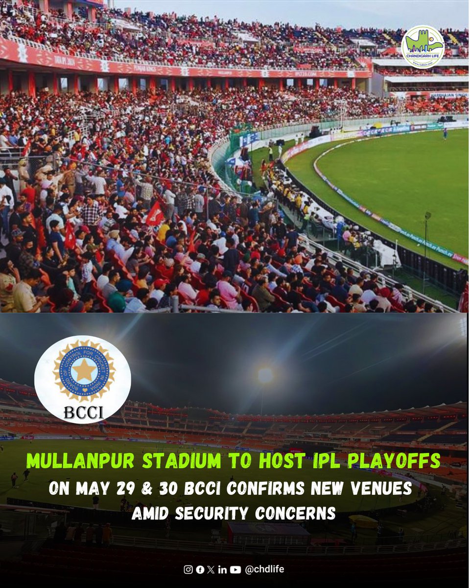 IPL 2025 Playoffs Shifted to Mullanpur!
Due to rising India-Pakistan tensions, the BCCI has moved the first two IPL 2025 playoffs to PCA Stadium, Mullanpur on May 29 &amp; 30 

#IPL2025 #Playoffs #MullanpurStadium #PCAStadium #BCCI #ChdlifeNews