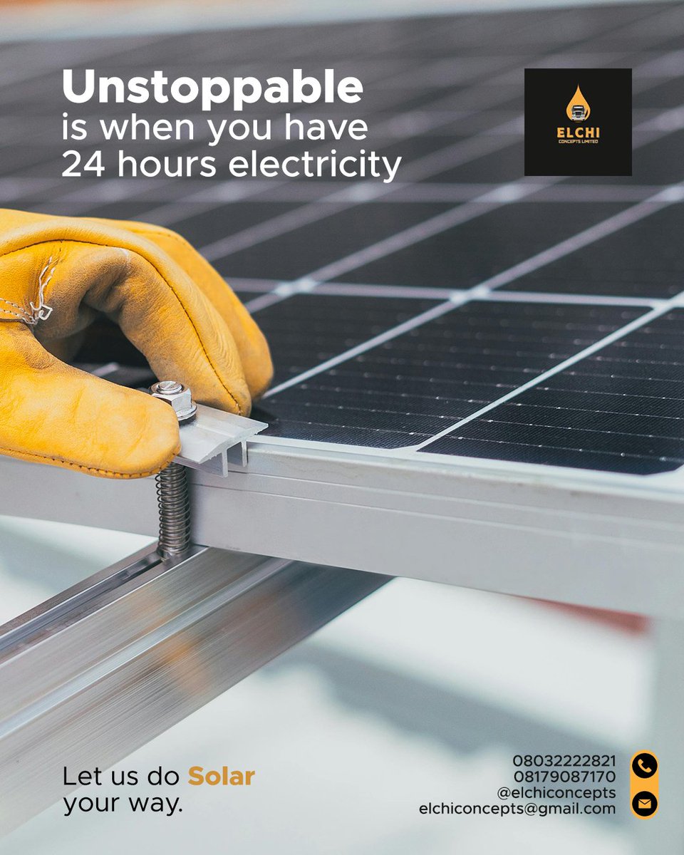 Elchiconcepts's tweet image. Your hustle shouldn’t stop because NEPA took light.

Go #solar with #ElchiConcepts and enjoy #247power, the smart way.
Reliable, clean, and customized for your needs.

📞 08032222821 | 08179087170
📧 elchiconcepts@gmail.com

 #SolarPower