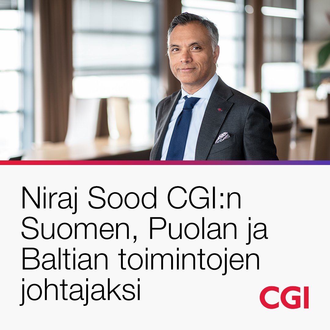 Nimitysuutisia: Niraj Sood aloittaa CGI:n Suomen, Puolan ja Baltian toimintojen johtajana 1.10.2025. Leena-Mari Lähteenmaa jatkaa tehtävässään 30. syyskuuta 2025 saakka ja siirtyy täysipäiväiseksi hallitusammattilaiseksi. Lue uutinen: bit.ly/44PfUFG 
#CGISuomi #nimitys