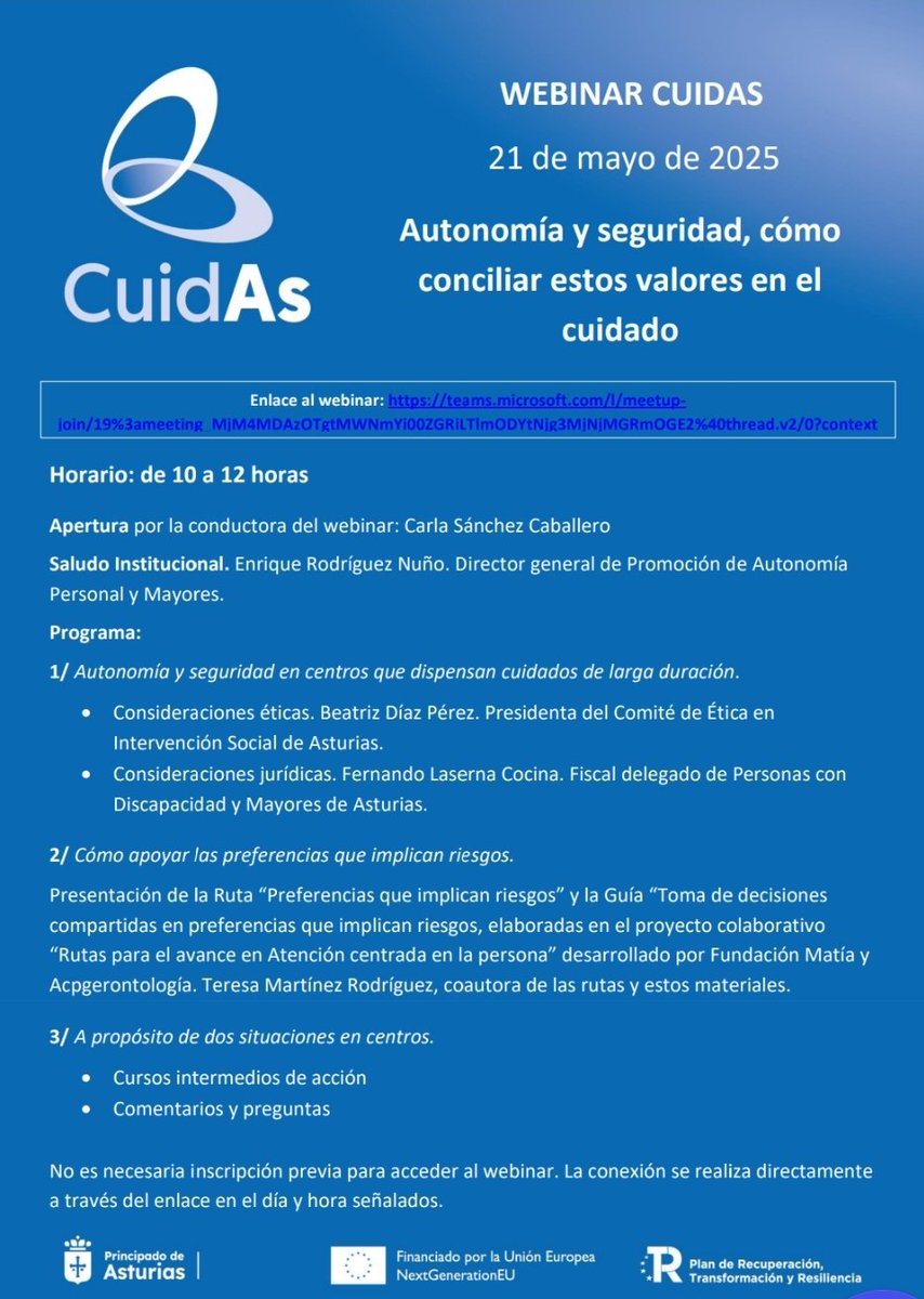 FraternidadAsoc's tweet image. Hoy asistimos a un nuevo webinar #CuidAs @socialasturias_ sobre autonomía y seguridad, y cómo conciliar estos valores en el cuidado. 
@EnRoNu