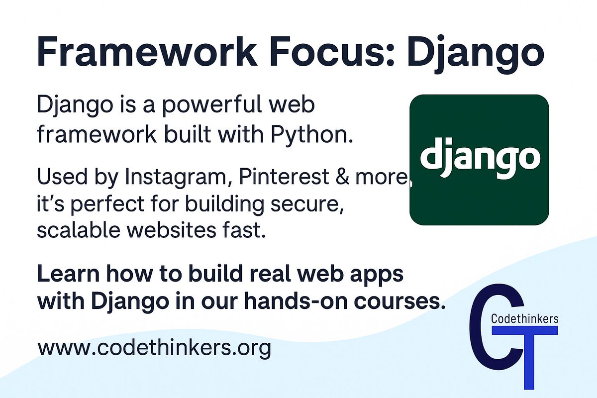 CodethinkersA's tweet image. 🚀 Framework Focus Django

Django is a powerful web framework built with Python. Used by Instagram, Pinterest &amp;amp; more, it’s perfect for building secure, scalable websites fast.

📚 Learn how to build real web apps with Django in our hands-on courses.

#Django  #PythonFrameworks
