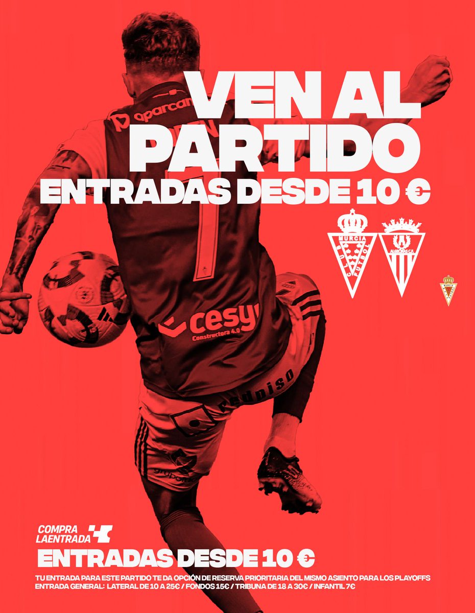 realmurciacfsad's tweet image. 🔥 ¡𝗩𝗘𝗡 𝗔𝗟 𝗣𝗔𝗥𝗧𝗜𝗗𝗢!

‼️ ¡𝗘𝗡𝗧𝗥𝗔𝗗𝗔𝗦 desde 10€!
🔜 ¡Hazte con tu entrada para el #RealMurciaAlgeciras! 
😍 ¡Última jornada previa a 𝙋𝙇𝘼𝙔𝙊𝙁𝙁𝙎!

🏟️ Estadio Enrique Roca de Murcia 
🗓️ Sábado 24/05 
⌚️ 19:00H 

🎟️ Entradas aquí ➡️realmurcia.compralaentrada.com/eventos/