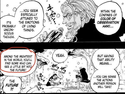 Based_Duck's tweet image. Manga: Future Sight is an ability that very few people possess. Only 4 characters are confirmed to have Future sight as of now making it the rarest form of Haki.

Bumgoku Fan: