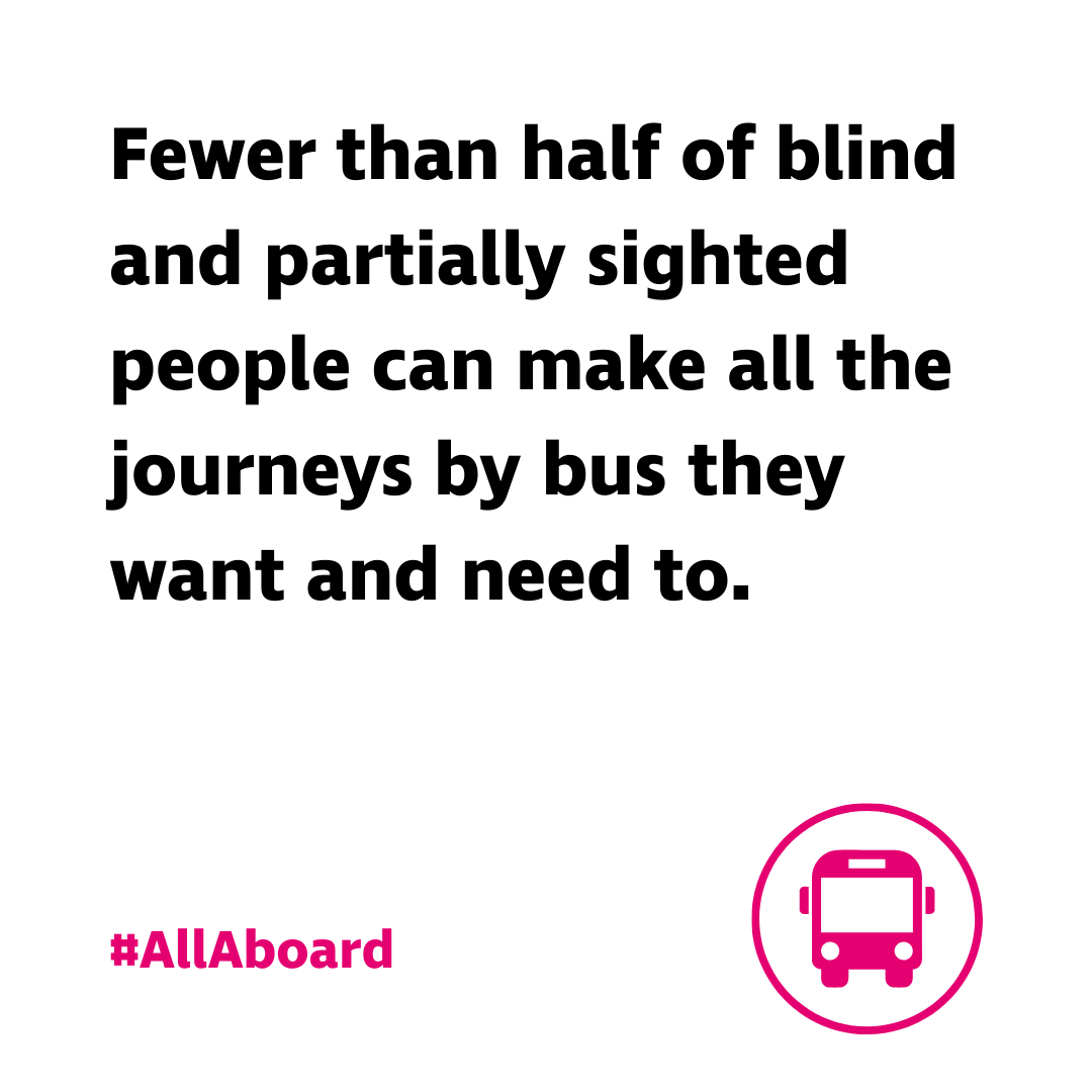 All aboard? 🚌

Buses are vital for blind and partially sighted passengers to get to work and school, attend appointments and catch up with friends.

But a multitude of factors are making it difficult for blind and partially sighted people to travel by bus.

#AllAboard 1/3