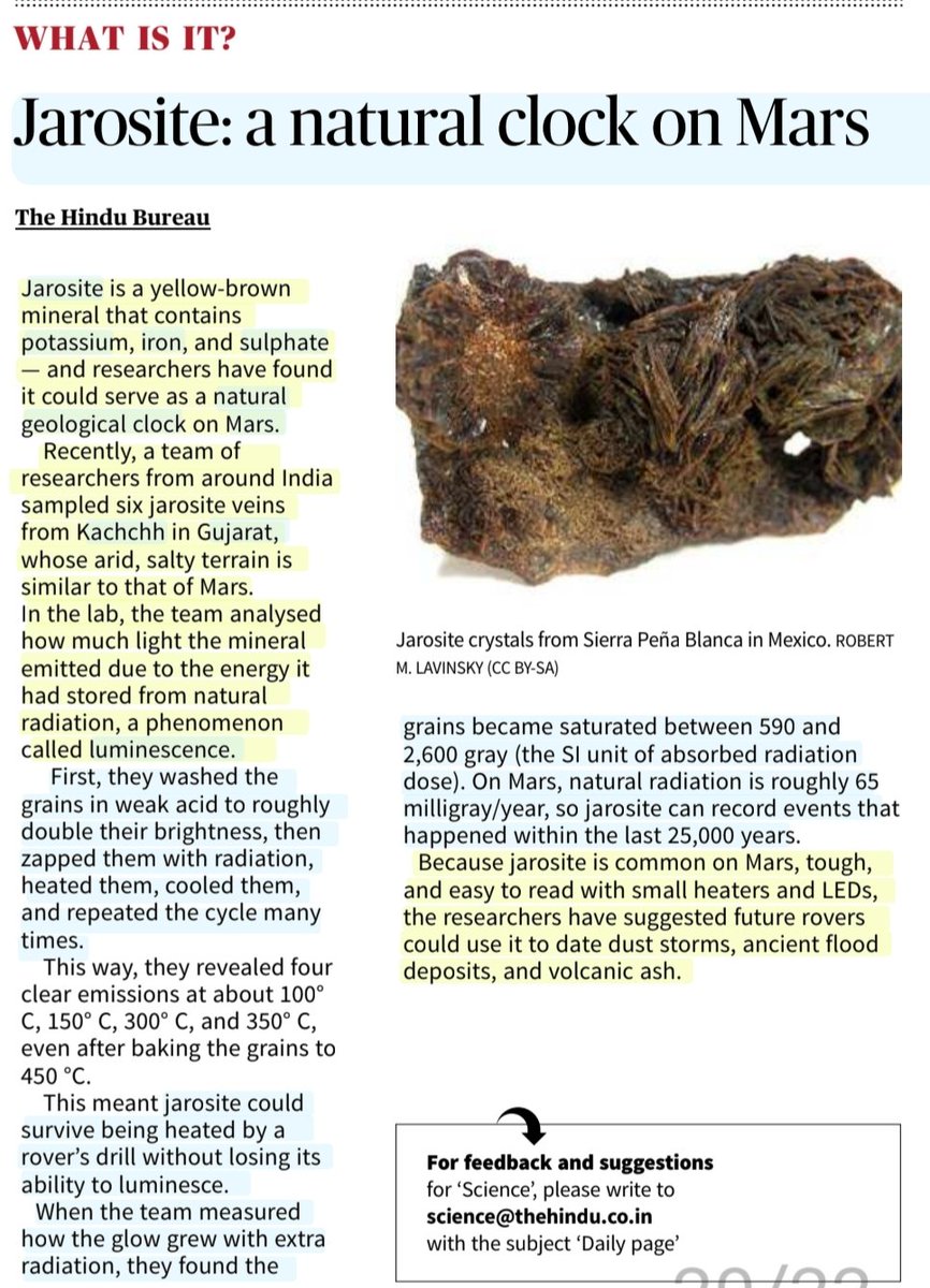imRavikantYadav's tweet photo. 'Jarosite: a natural clock on Mars'
What is it?
:Explained
#Jarosite #Mineral #Mars #NaturalGeologicalClock
#Potassium #Iron #Sulphate
#Luminescence
#Kachchh #Gujarat
#Mexico
#Science
#UPSC
Source: TH https://t.co/x6Uq7oN4Y6