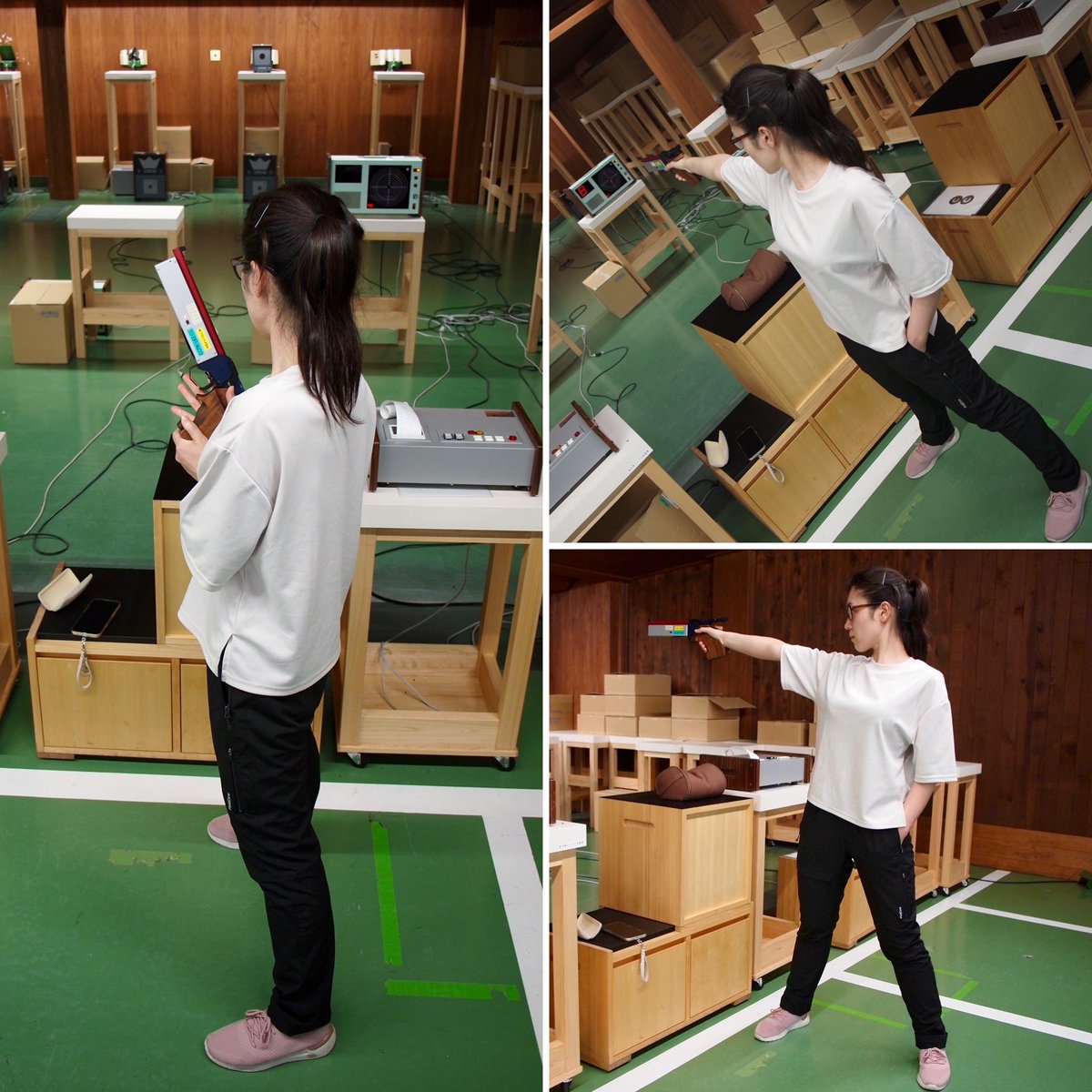 ビームピストルの練習に勤しむ女性射手。立ち姿がだんだんと洗練されてきました。