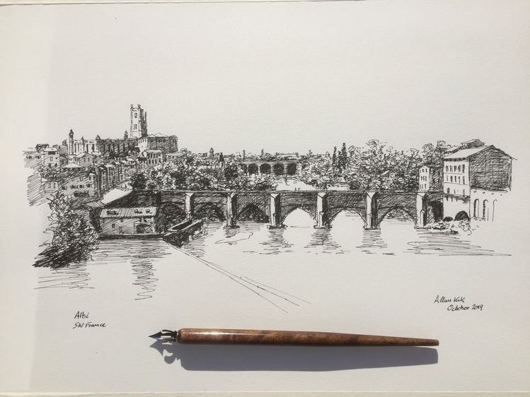 Albi, dip pen and black carbon ink (waterproof). Love using myb dip pens, but too messy to risk outside for me