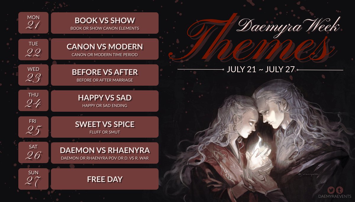 DAEMYRAEVENTS's tweet image. #daemyraweek25 DAY THEMES
Our AO3 collection is now open for prompt submissions: tinyurl.com/3nryu3av
For those who prefer broad ideas, use the day themes. For those looking for specific ideas, pick up prompts from AO3.
Save the date: July 21 -27, 2025
Art: @swimminpainn