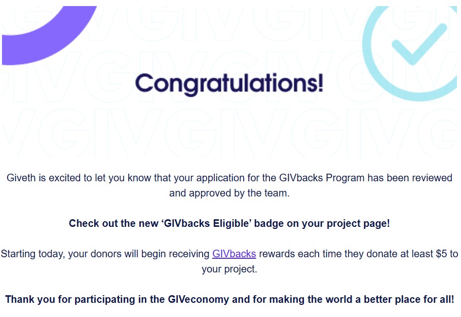 UPDATE:

We're excited to share that we've been accepted into the GIVbacks program 🎉

Now, when you donate (above 5$) you'll receive GIVbacks rewards 🍭

DYOR: giveth.io/givbacks