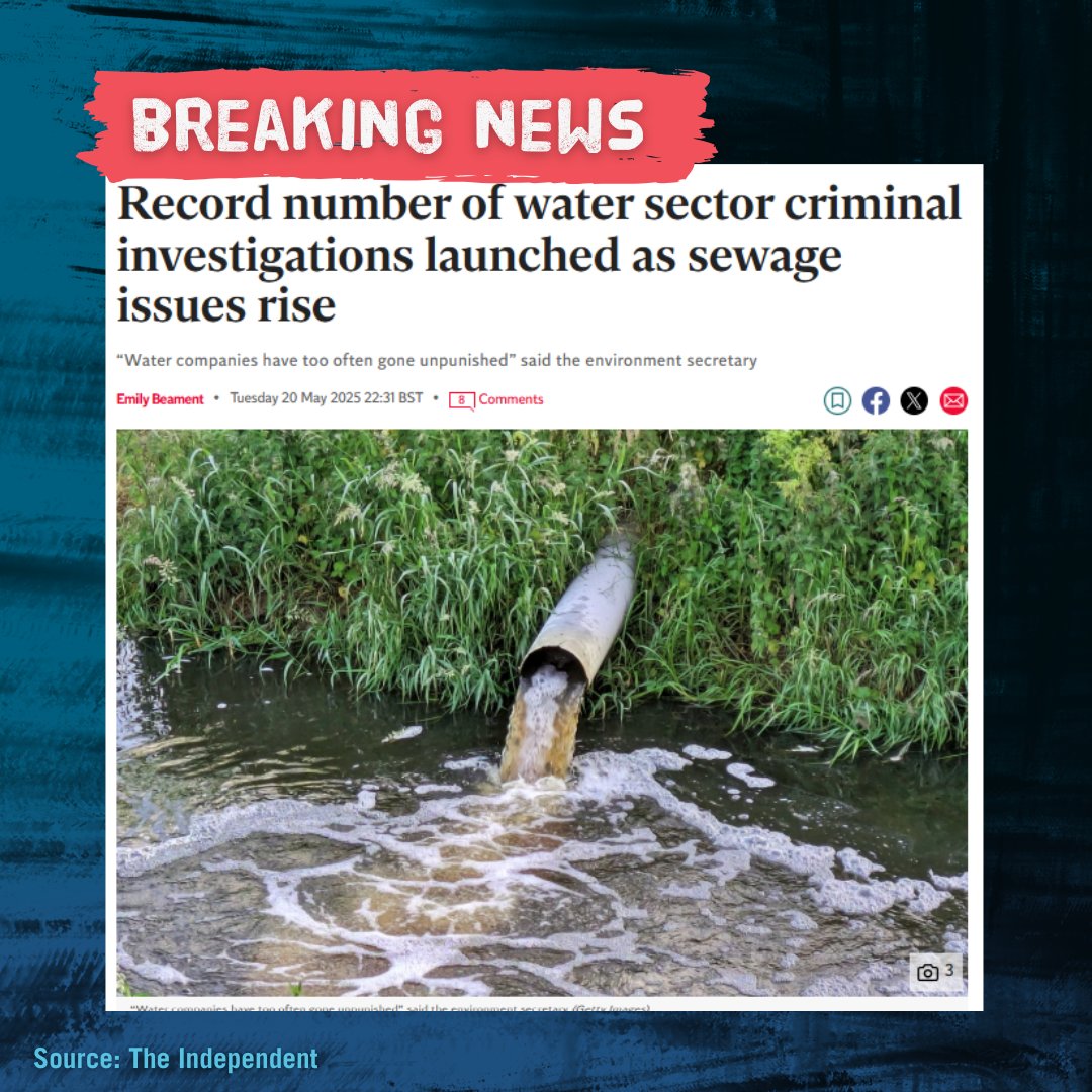 🚨BREAKING 🚨 A record 81 criminal investigations have been launched into water companies under the new Government, fuelled by relentless pressure from campaigners and #OceanActivists. ✊🌊

Our campaigning is working. From the March for Clean Water to last weekend’s Paddle Out,