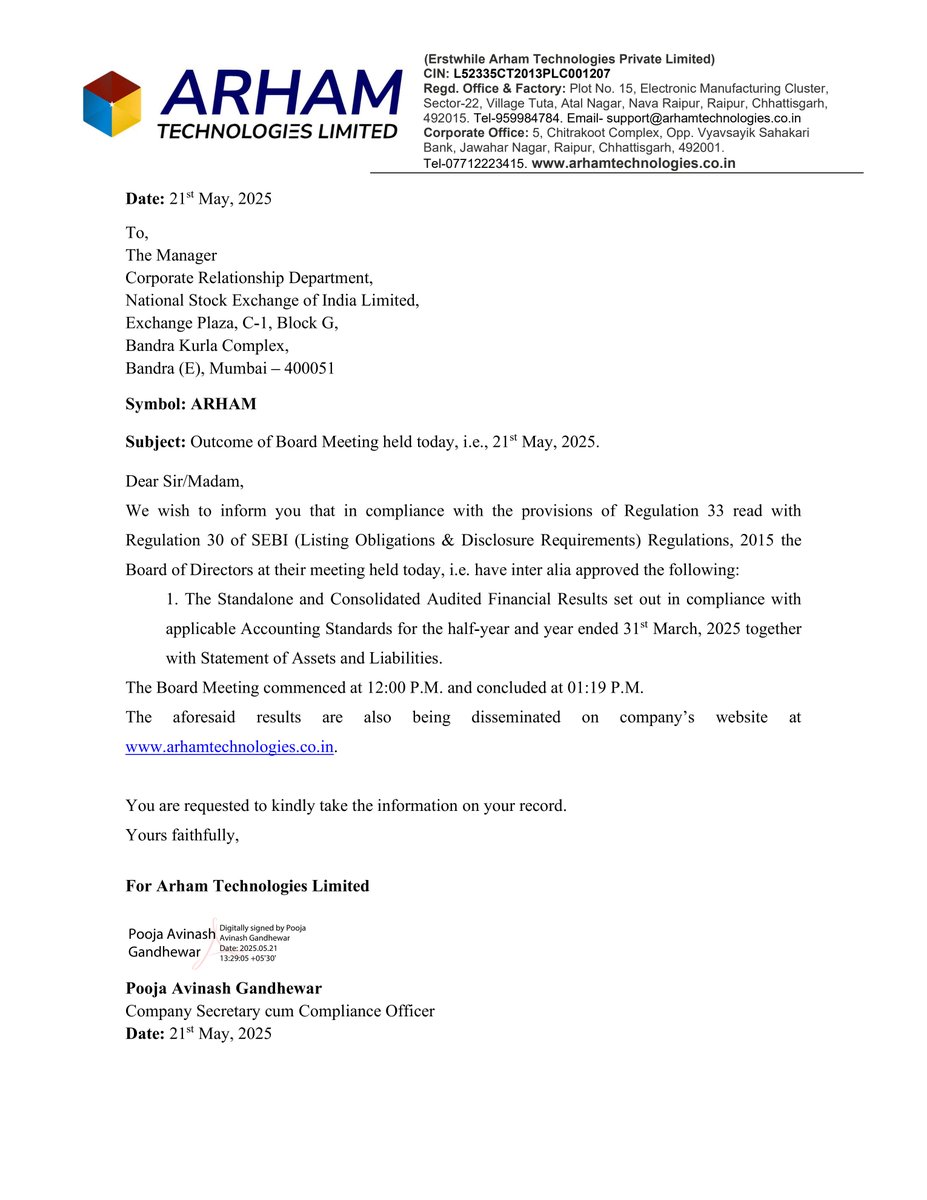 nileshkurhade's tweet photo. 📌 Arham Technologies Limited informed the exchange about its approval for the financial results for the period ended March 31, 2025. #SME #ARHAM 📄🧾 https://t.co/wMVZ1ku7d5