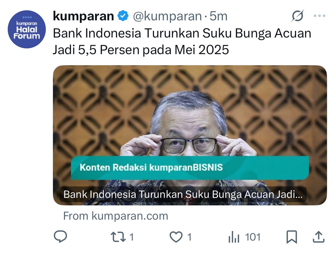 vindikasi's tweet photo. Untuk yg akan ujian MT / ODP / PPS, atau level managerial, pasti ada pertanyaan outlook economy.

Berita yang terbaru (21/05/2025) : BI MENURUNKAN SUKU BUNGA ACUAN, menjadi 5,5%.

Pasti pertanyaan yg muncul : Kenapa?

Jawaban "karena banyak negara di dunia juga menurunkan suku bunga" memang bisa diterima, tapi kurang detail.

Silahkan menjawab begini :
- Suku bunga acuan bisa menunjukkan besar transaksi ekonomi dan perputaran uang di masyarakat.
- Saat uang yang beredar terlalu banyak, pemerintah harus menaikkan suku bunga agar memacu masyarakat menyimpan uangnya.
- Sedangkan jika uang beredar terlalu sedikit, berarti aktivitas ekonomi lemah, maka pemerintah menurunkan suku bunga, agar aktivitas ekonomi lebih hidup, dan memicu pertumbuhan economy.
- Penurunan suku bunga acuan juga memicu pertumbuhan pinjaman