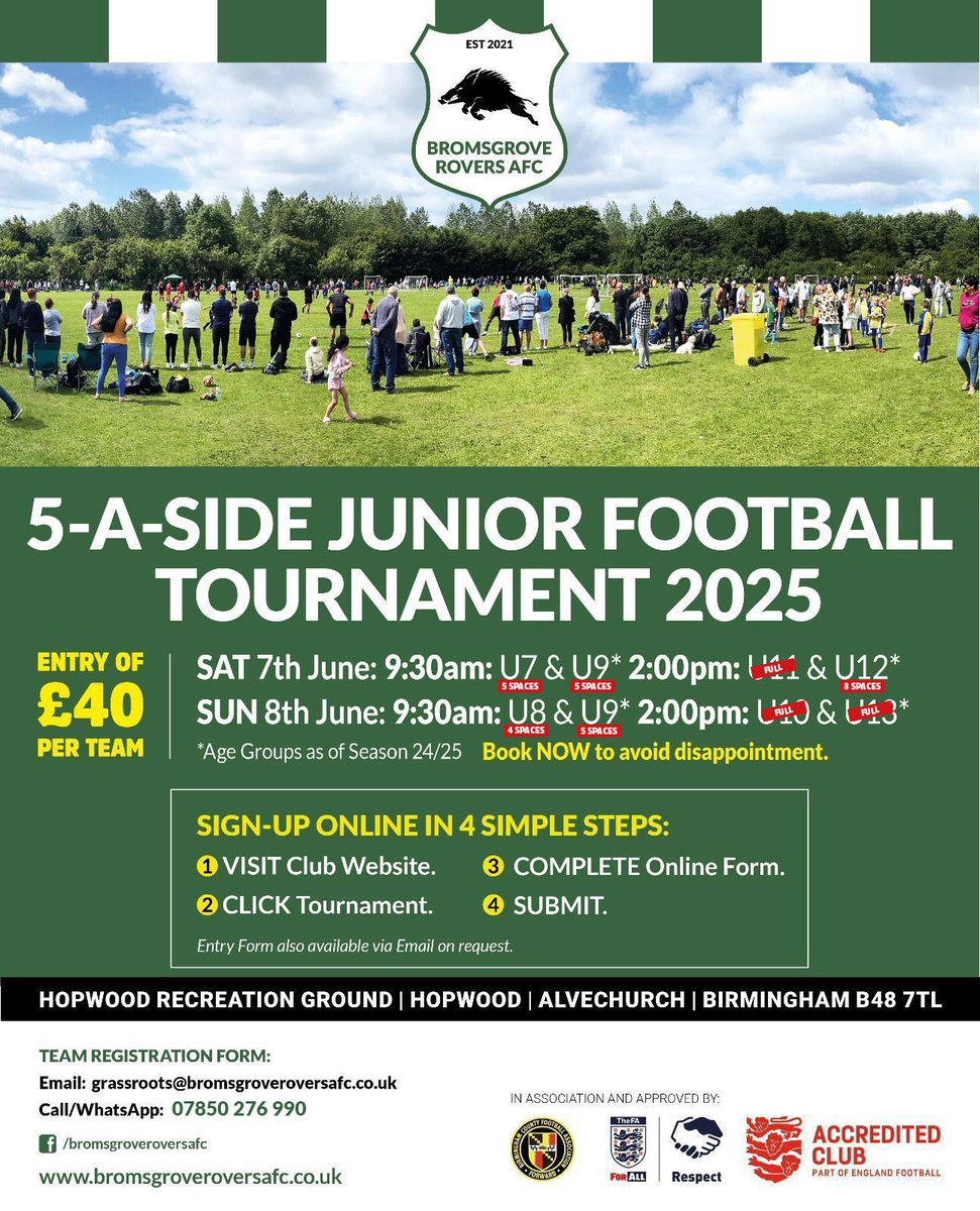 Tournament Update

We are now within the last few weeks till our Summer Tournament, we still have spaces left so book up now so you don't miss out!

bromsgroveroversafc.co.uk/tournament/