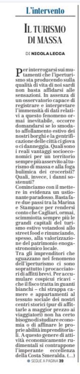 Oggi in prima pagina su <a href="/UnioneSarda/">L'Unione Sarda</a> ragiono sul fenomeno dell'iperturismo e sulla foga bulimica dei croceristi.
Che ve ne pare?
#overtourism