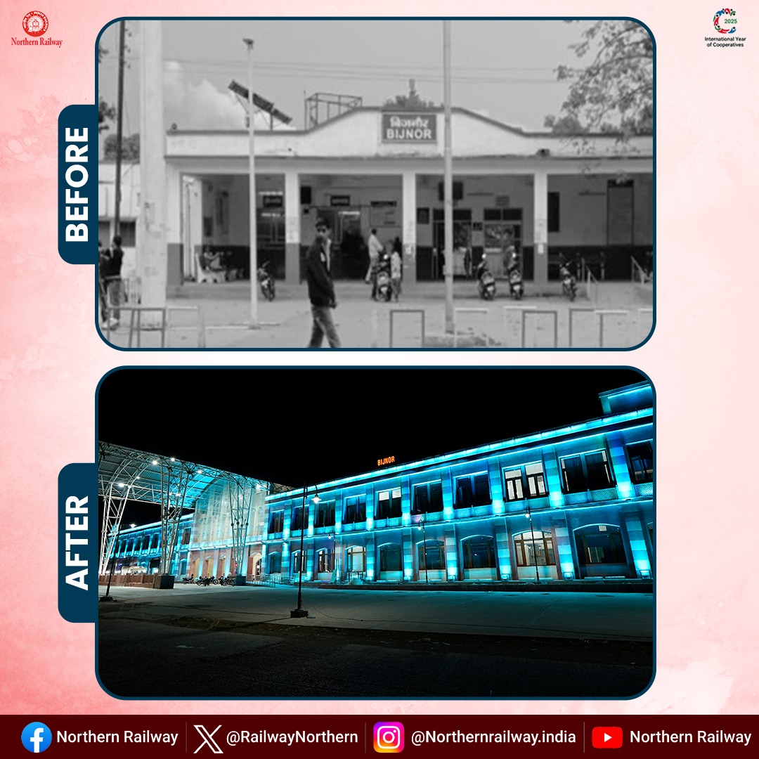 RailwayNorthern's tweet photo. Under the Amrit Station Yojana, the Bijnor Railway station is now equipped with modern passenger amenities such as: 

- Booking counters with seating arrangements 
- Modern toilet block equipped with state-of-the-art facilities 
- Spacious and air-conditioned waiting rooms 
-  2 new lifts have been installed 
- Beautifully landscaped green corridor
- Platforms 1,2, and 3 have been extended 
- A new station building

#AmritBharat @RailMinIndia