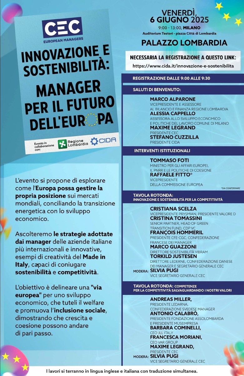 ALDAI-Federmanager (@aldai_mi) on Twitter photo 🌍 Innovazione e Sostenibilità: i Manager per il Futuro dell’Europa 🌍
un evento a cura di <a href="/CEC_Managers/">CEC European Managers</a>
📅 6 giugno 2025
📍 Auditorium Testori, Palazzo Lombardia, Milano
Info: cida.it/innovazione-e-… 🌍 Innovazione e Sostenibilità: i Manager per il Futuro dell’Europa 🌍
un evento a cura di <a href="/CEC_Managers/">CEC European Managers</a>
📅 6 giugno 2025
📍 Auditorium Testori, Palazzo Lombardia, Milano
Info: cida.it/innovazione-e-…