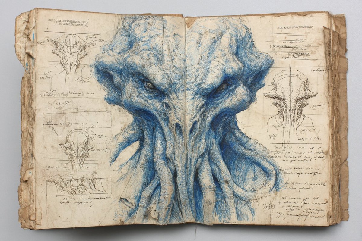 Artedeingenio's tweet photo. Have you ever wondered what the Necronomicon might look like?

Midjourney has an answer that feels pulled from the edge of madness:

ancient journal spread from the Necronomicon with anatomical sketches of a non-human entity, drawn in graphite and smudged ink, folds in the page forming unnatural bulges as if the drawing is breathing, Lovecraftian surrealism --ar 3:2 --raw --p --v 7

Ink-stained pages. Breathing sketches. Pure eldritch horror.

Did you picture it like this? 📜🐙