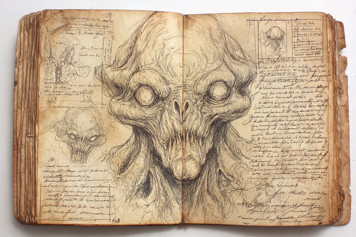 Artedeingenio's tweet photo. Have you ever wondered what the Necronomicon might look like?

Midjourney has an answer that feels pulled from the edge of madness:

ancient journal spread from the Necronomicon with anatomical sketches of a non-human entity, drawn in graphite and smudged ink, folds in the page forming unnatural bulges as if the drawing is breathing, Lovecraftian surrealism --ar 3:2 --raw --p --v 7

Ink-stained pages. Breathing sketches. Pure eldritch horror.

Did you picture it like this? 📜🐙