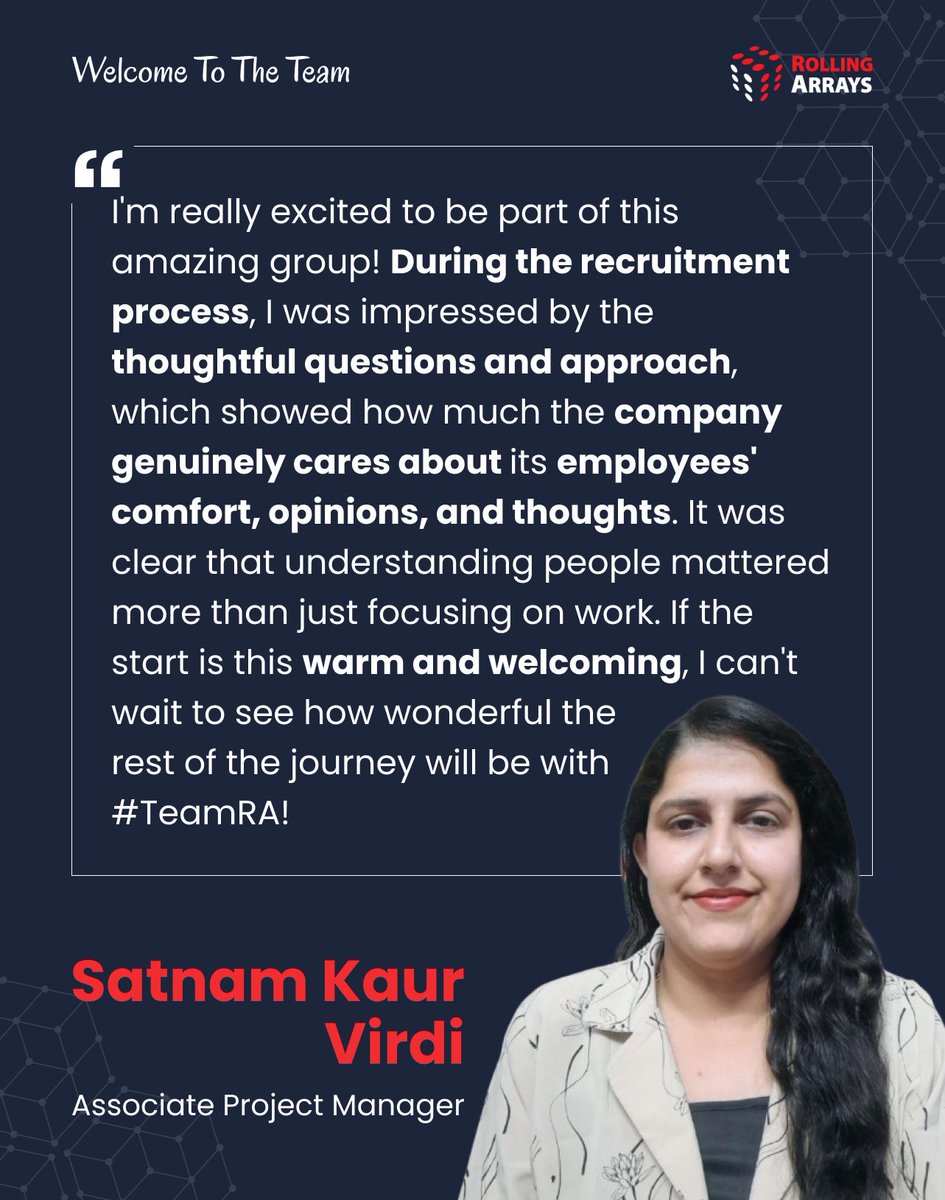 RollingArrays's tweet image. A huge welcome to Satnam Kaur, our newest Associate Project Manager! 

It&apos;s fantastic to see our people-centric approach resonating from day one. We&apos;re eager to see the great things she&apos;ll achieve with #TeamRA!

#WelcomeToTheTeam #NewHire #SAPSuccessFactors #RollingArrays