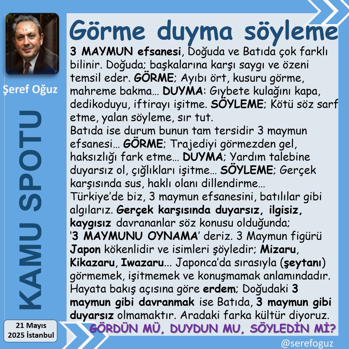 serefoguz's tweet photo. 3 MAYMUNU OYNAMAK
1-Doğuda: şeytanı görme
2-Yalanını duyma
3-Onunla konuşma demektir
4-Batıda: Trajediyi görme, feryadı duyma, gerçeği söyleme duyarsızlığını anlatır
5-Hayata bakışın doğulu mu batılı mı?
#KamuSpotu #SerefOguz_KamuSpotu
#3maymun #görme #duyma #söyleme @serefoguz